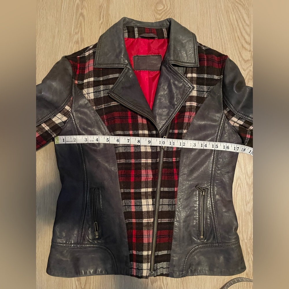 Betty Barclay Size 4 Leather & Plaid Wool Moto Jacket Mixed Media European - Picture 13 of 16